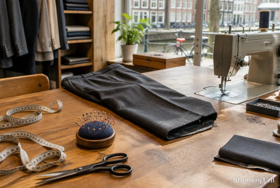 Werkbank van een kleermaker met naaimachine en een broek die wordt ingekort