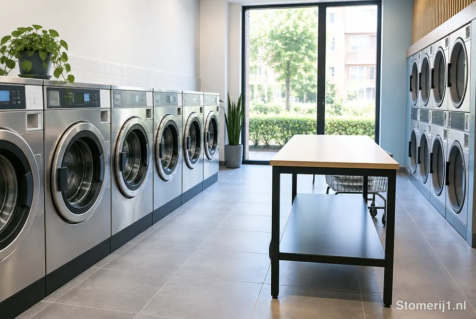 Wasserette met een rij wasmachines en drogers